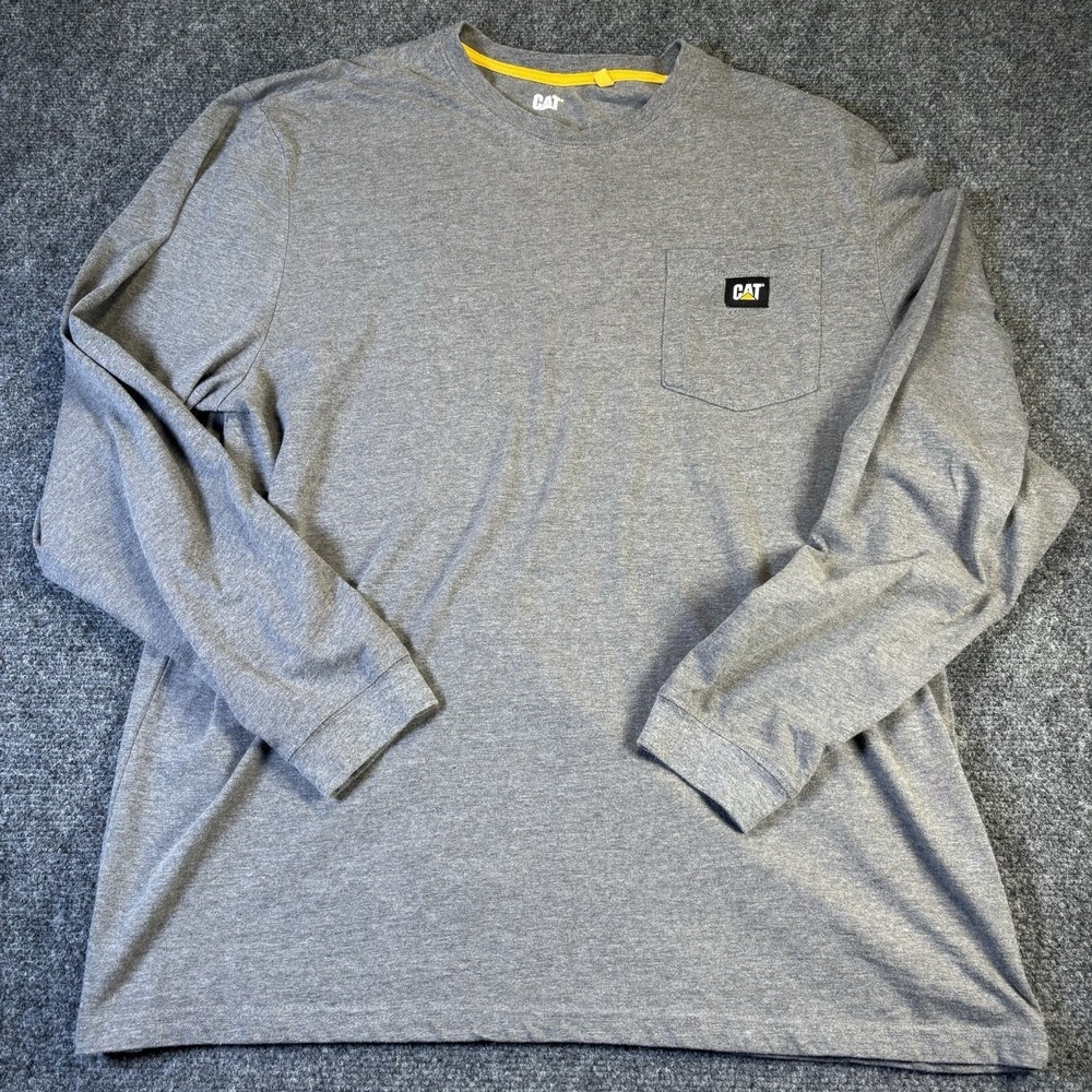 Caterpillar Pocket T-Shirt Mens XXL Grey Long Sleeve Workwear Logo Tee